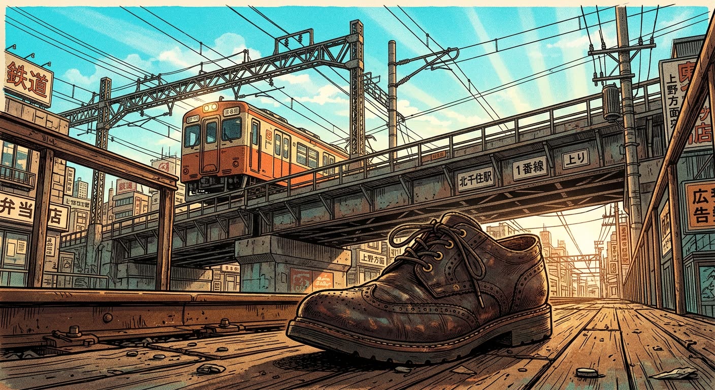 高架を走るオレンジ色の電車と、手前のホームに置かれた茶色の革靴を描いたイラスト