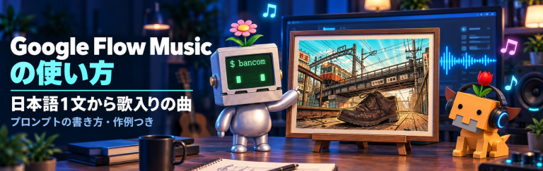 「Google Flow Musicの使い方」のタイトル文字の横で、花ロボが額に入ったジャケット画像を指し示し、ヘッドホンをした花イヌが音楽を聴いている夜の机のイラスト
