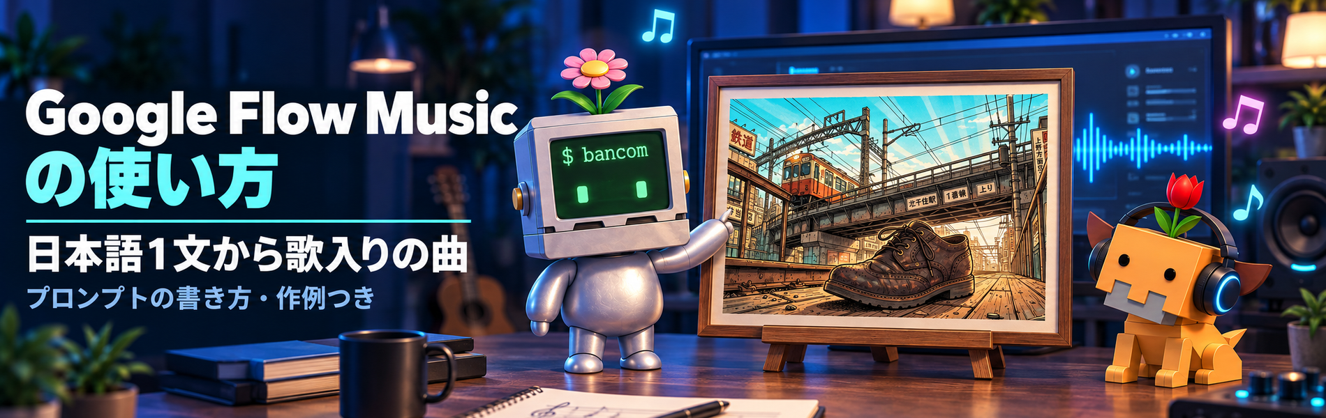 「Google Flow Musicの使い方」のタイトル文字の横で、花ロボが額に入ったジャケット画像を指し示し、ヘッドホンをした花イヌが音楽を聴いている夜の机のイラスト