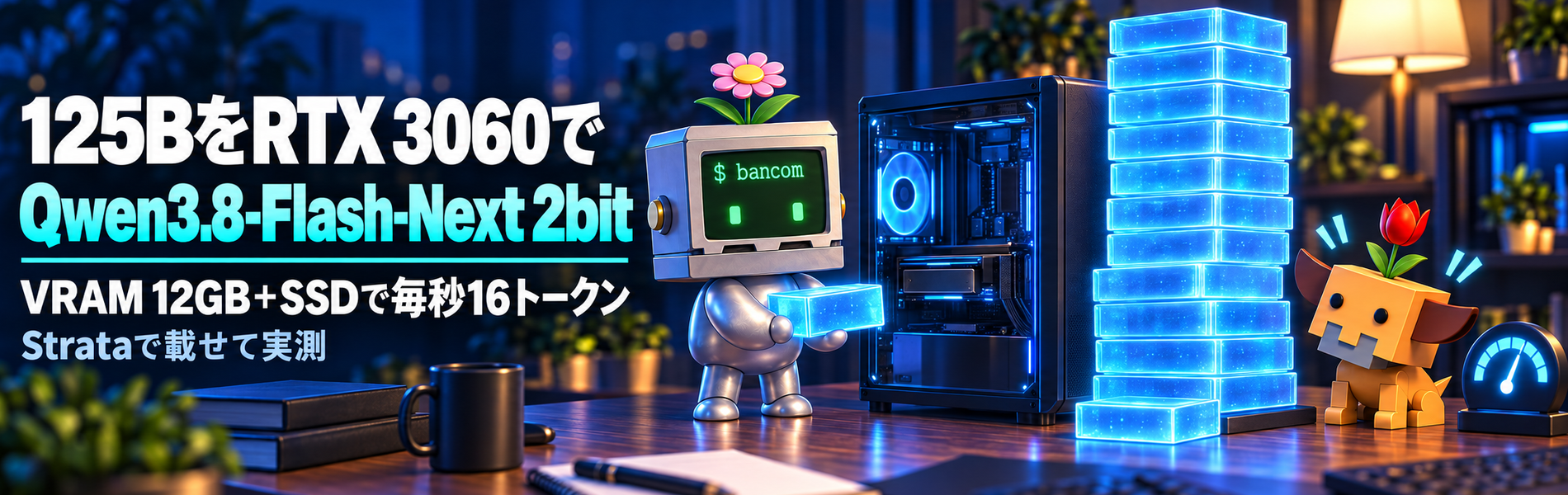 125BをRTX 3060で。Qwen3.8-Flash-Next 2bit、VRAM 12GB+SSDで毎秒16トークン。花ロボが光るブロックを1つずつPCに運び、横に積まれたブロックの山と速度メーターを花イヌが見ているイラスト
