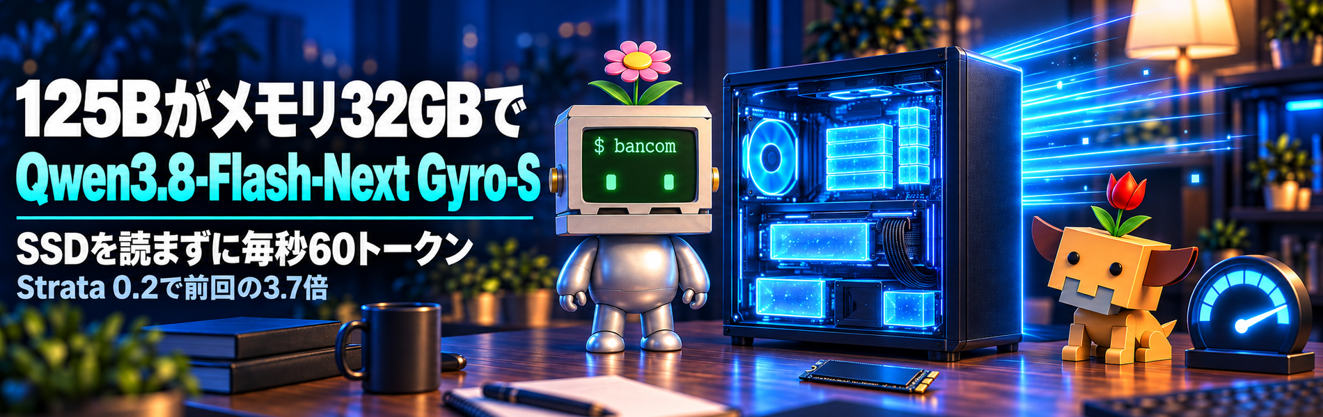125Bがメモリ32GBで Qwen3.8-Flash-Next Gyro-S SSDを読まずに毎秒60トークン Strata 0.2で前回の3.7倍