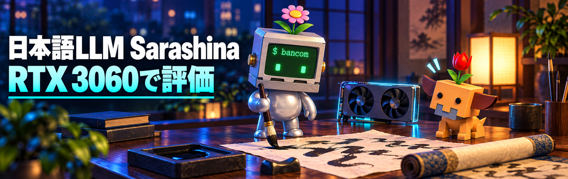 和紙に筆で文字を書く花ロボと、それを見守る花イヌ。左に「日本語LLM Sarashina」「RTX 3060で評価」の文字